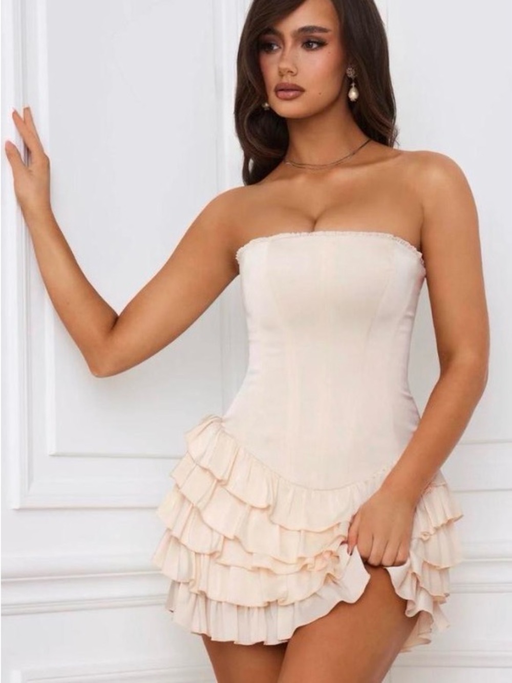 Oh Polly Strapless Ruffle Mini Dress in Cream